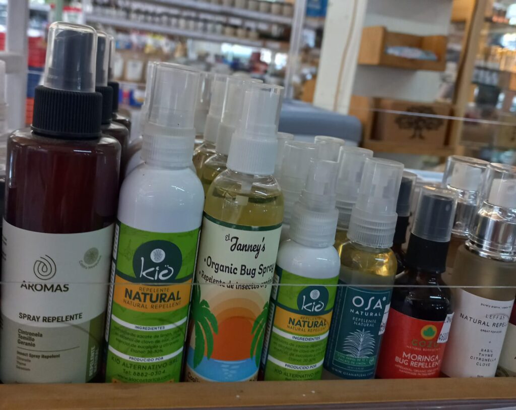 All-natural bug repellents on display at Green World store in Santa Teresa, Costa Rica