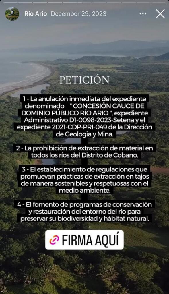 Aerial view of Río Arío in Costa Rica with petition overlay urging environmental protection; ADI calls for community support to safeguard the river's future.
