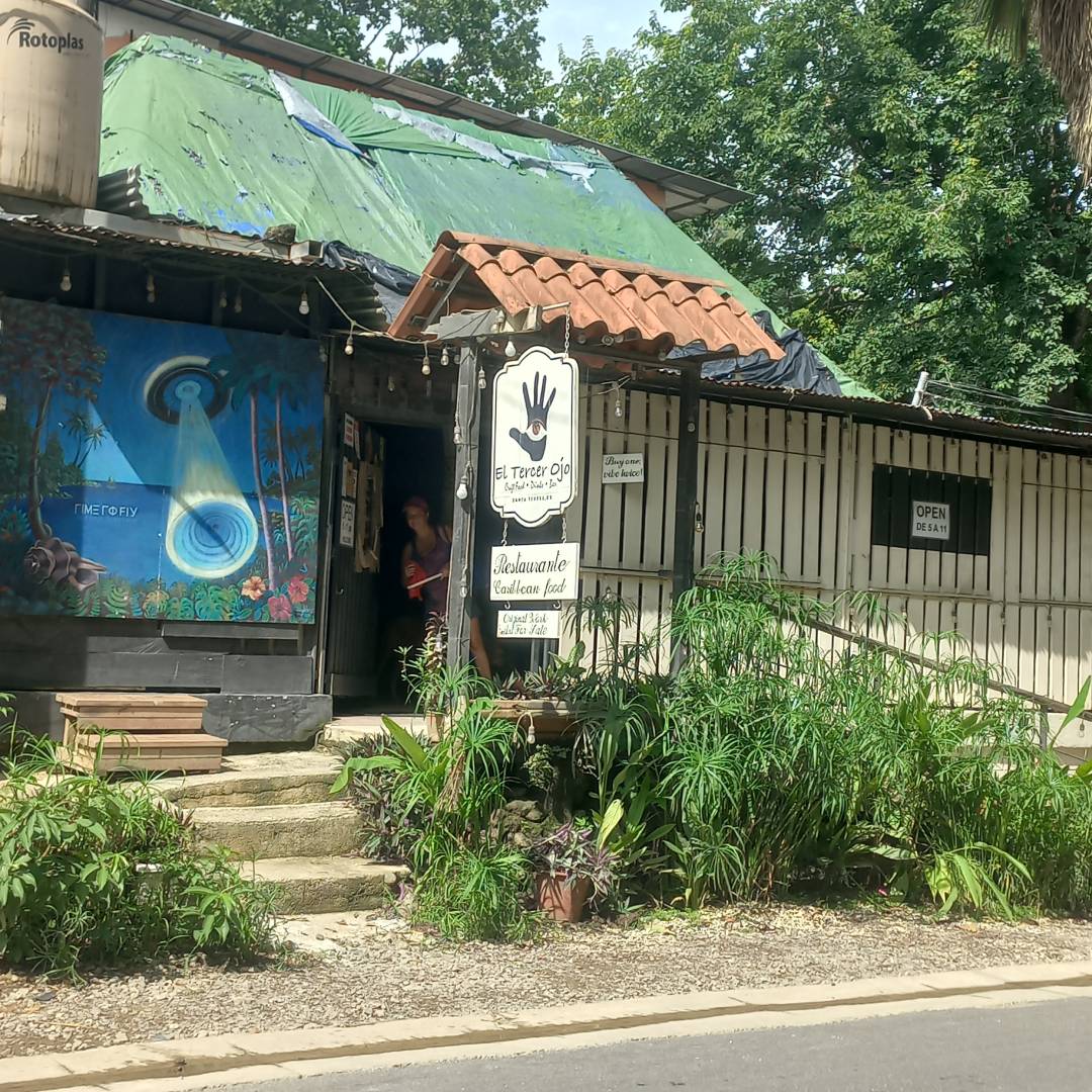 A rustic shop entrance surrounded by greenery on a sunny day.