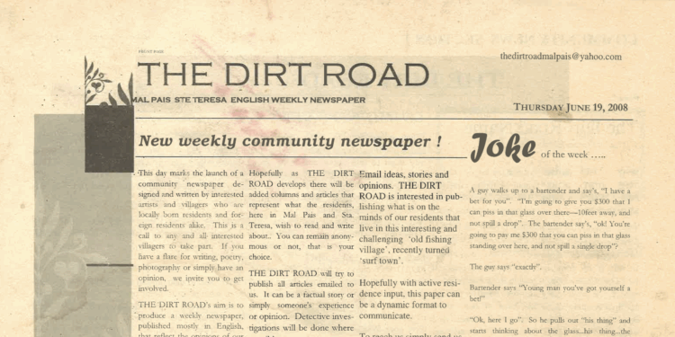 Front page of The Dirt Road newspaper’s first edition in Santa Teresa, Costa Rica
