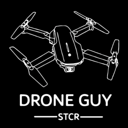 A sleek black and white drone graphic with text.