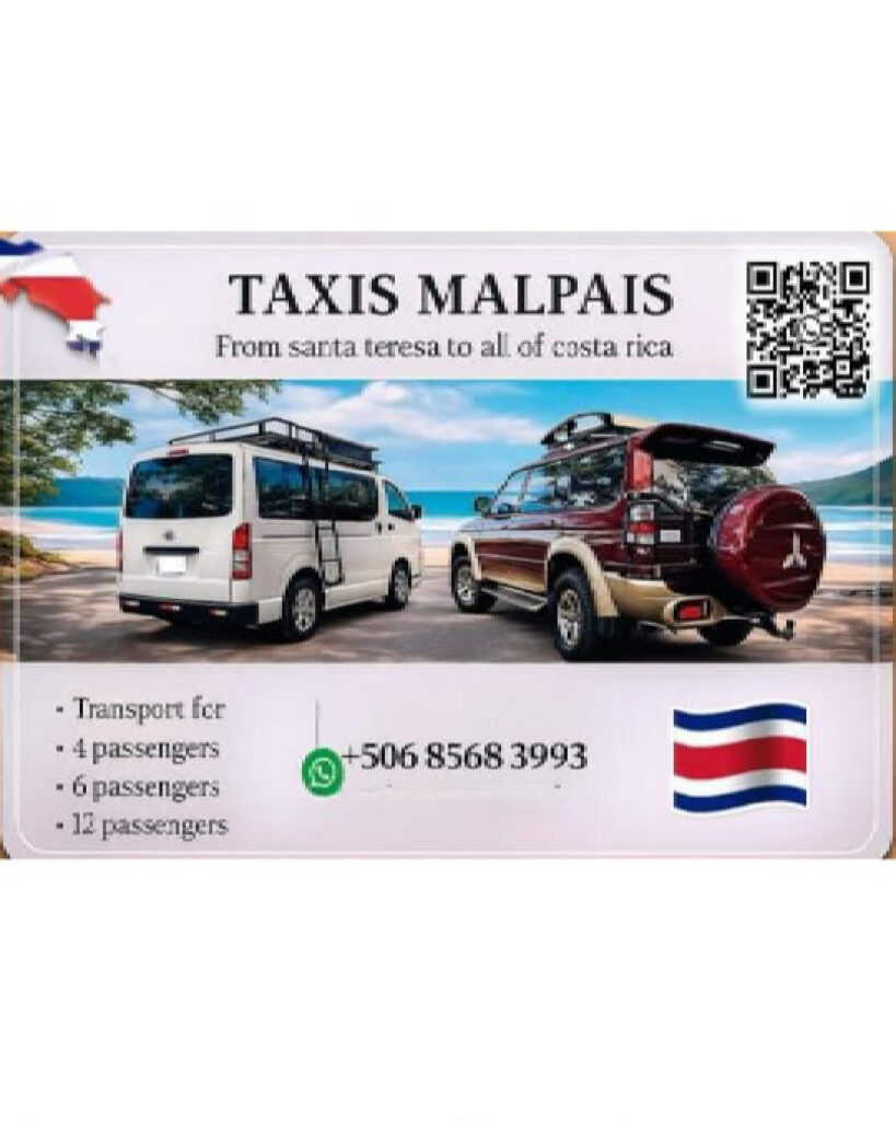 Business card for Taxis Malpais, offering taxi services with contact and Costa Rican flag.