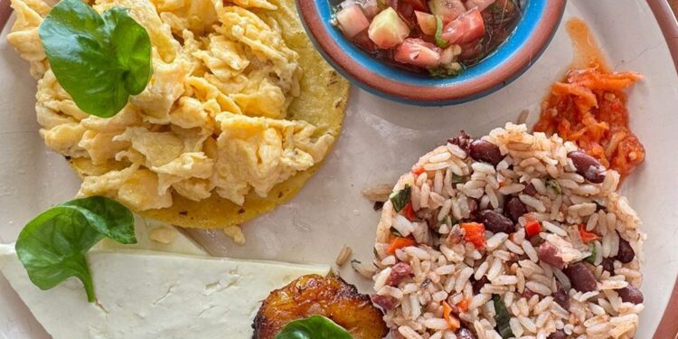 Colorful Gallo Pinto Breakfast at Tropical Latino Restaurante Shambala, Santa Teresa