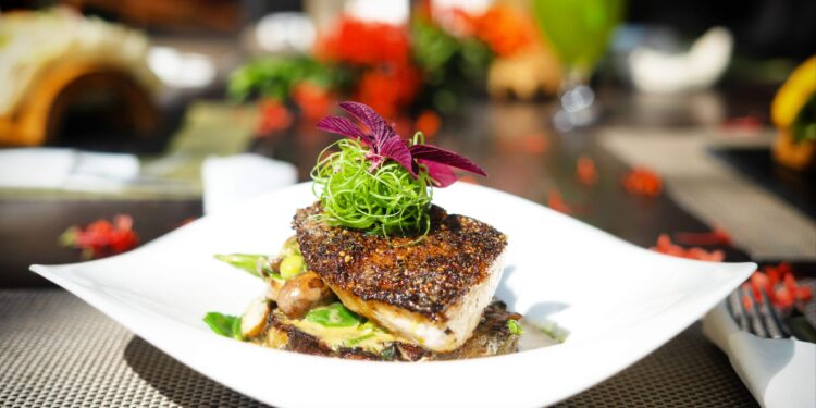 Seared locally caught yellowfin tuna plated at a Santa Teresa Costa Rica restaurant