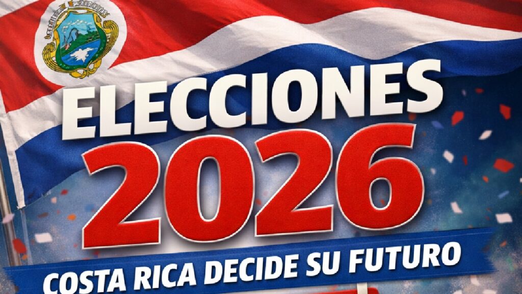 Costa Rica national flag with headline Elecciones 2026 marking the presidential election on February 1.
