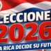 Costa Rica national flag with headline Elecciones 2026 marking the presidential election on February 1.