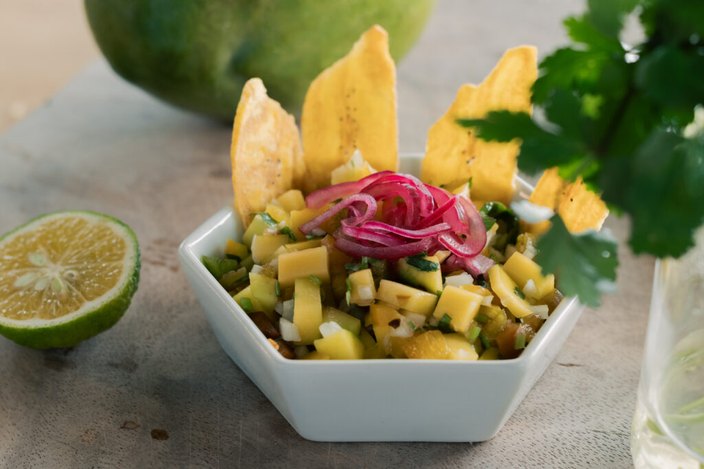 Vegan green mango ceviche with plantain chips tropical Costa Rica plant based ceviche recipe