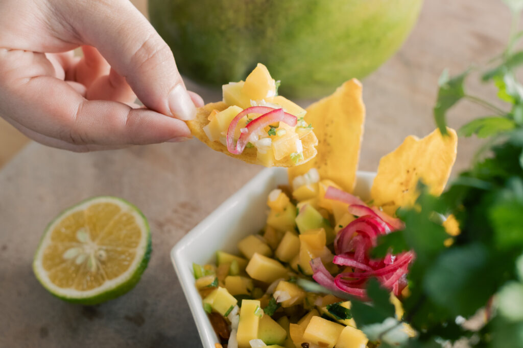 Vegan green mango ceviche with plantain chips tropical Costa Rica plant based ceviche recipe