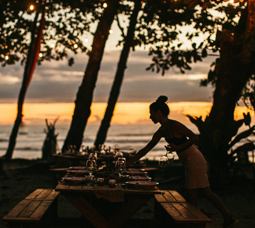 Beachfront dining at Roca Mar in Santa Teresa Costa Rica at sunset
