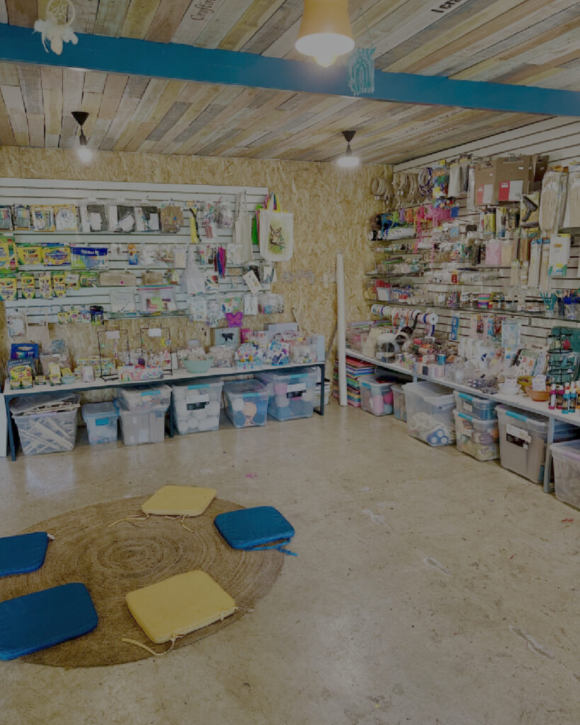 Interior arts and crafts area at Creativo studio in Santa Teresa Costa Rica filled with creative supplies for painting, crafts, workshops and children’s art programs.