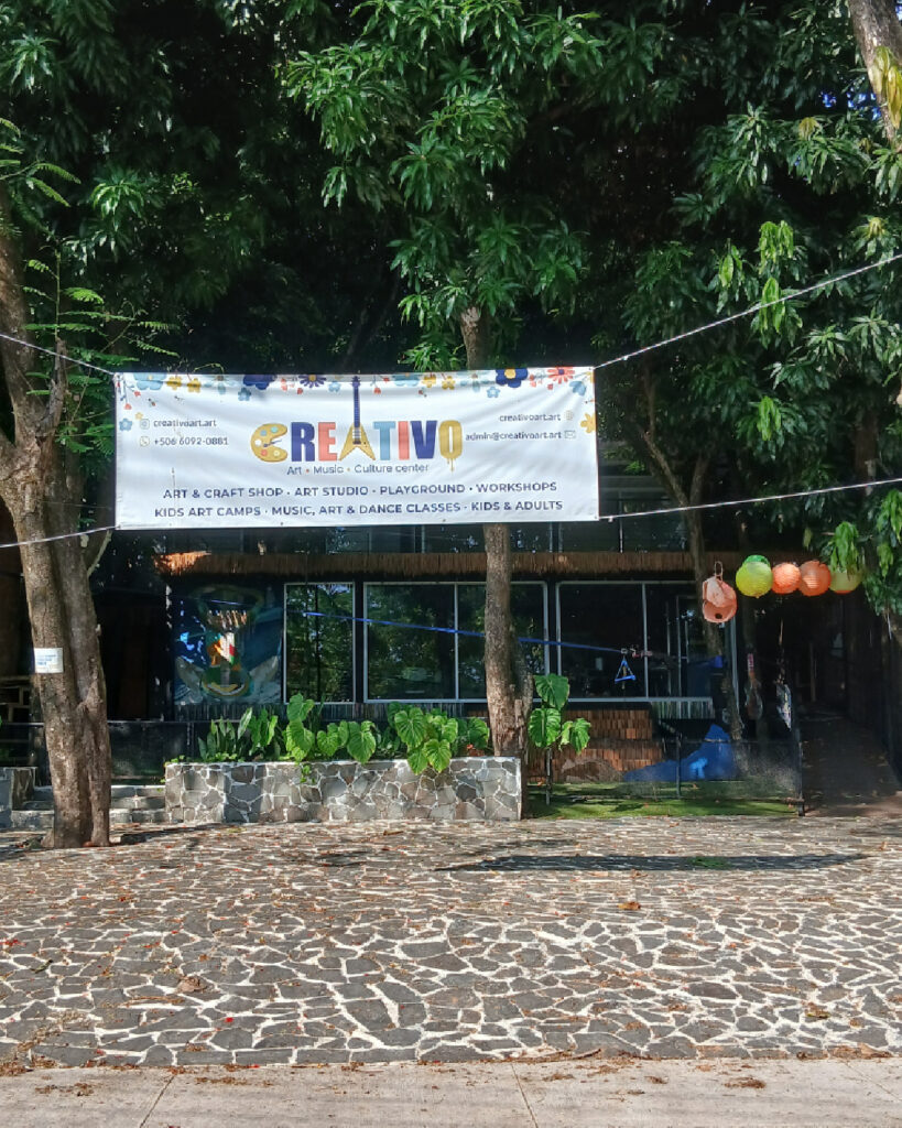 Front entrance and parking area at Creativo art and culture studio in Santa Teresa Costa Rica near community workshops and children’s camps.