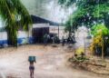 Woman walking through heavy rain in Mal País, Costa Rica, using a bucket for shelter during a tropical rainy season storm near Mar Azul.