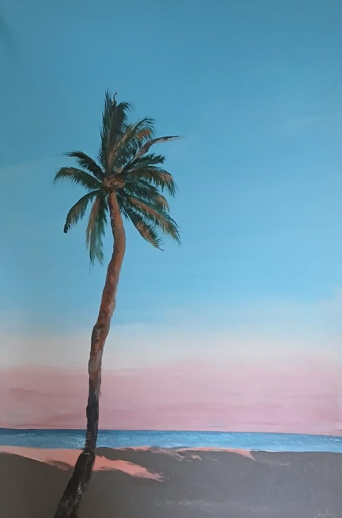 Acrylic painting of a lone palm tree silhouetted against the sky overlooking the Pacific Ocean.