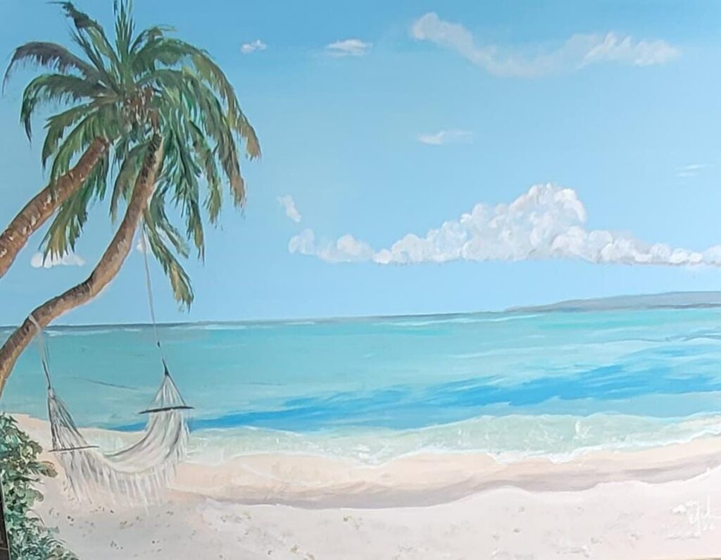 Acrylic painting of palm trees, a hammock, beach and Pacific Ocean in Costa Rica.