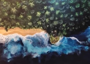 Acrylic painting by Etel showing an aerial view of the Mal País coastline with palm trees, sandy beach and Pacific Ocean waves crashing onto the rocks.