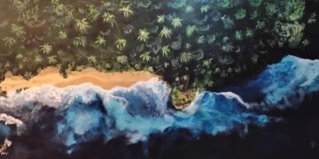 Acrylic painting by Etel showing an aerial view of the Mal País coastline with palm trees, sandy beach and Pacific Ocean waves crashing onto the rocks.