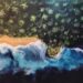 Acrylic painting by Etel showing an aerial view of the Mal Paรญs coastline with palm trees, sandy beach and Pacific Ocean waves crashing onto the rocks.