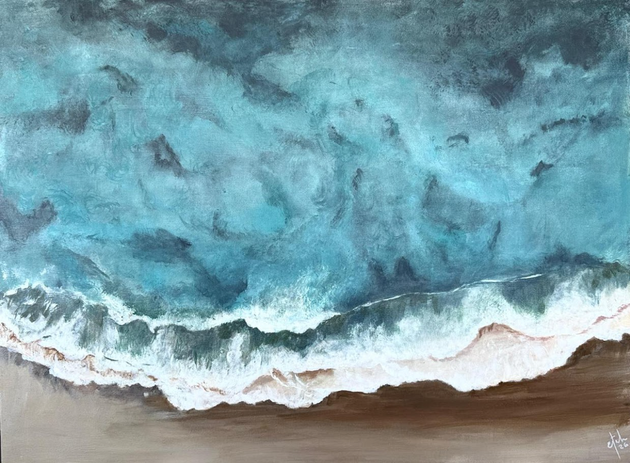 Acrylic painting of the blue Pacific Ocean, white waves and sandy shoreline in Mal País, Costa Rica.
