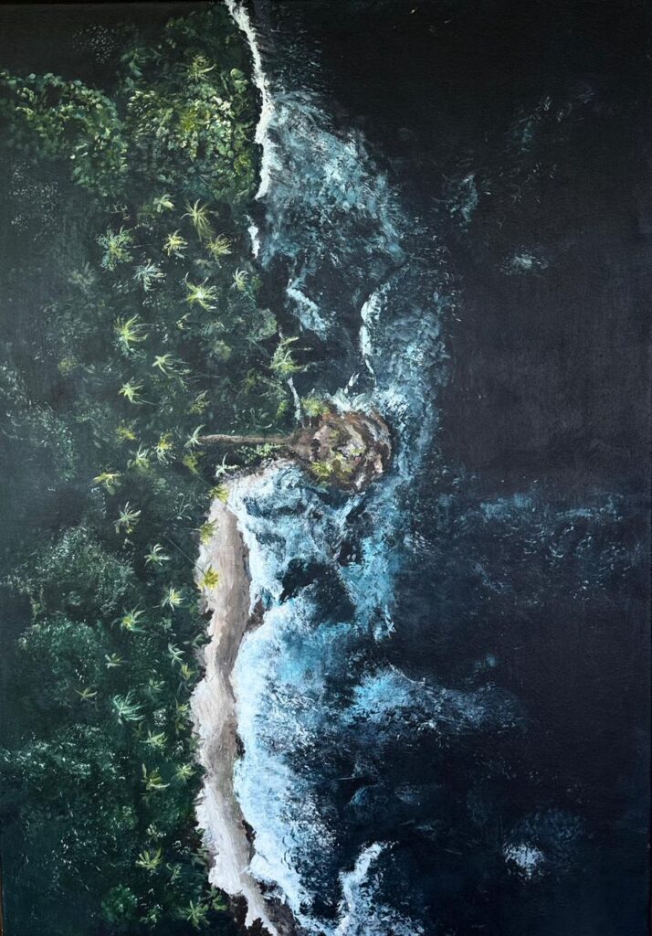 Acrylic painting showing turquoise ocean waves crashing against the rocky coastline of Mal País, Costa Rica.