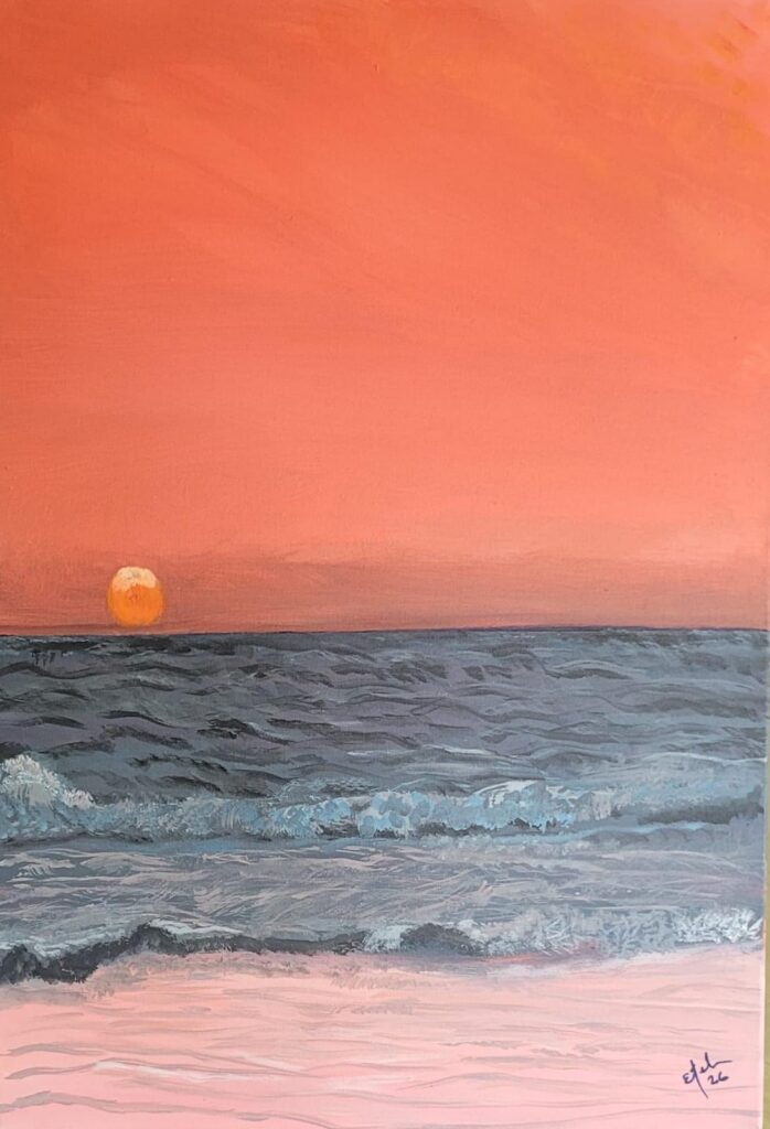 Acrylic painting of a brilliant orange sunset over the Pacific Ocean in Costa Rica.