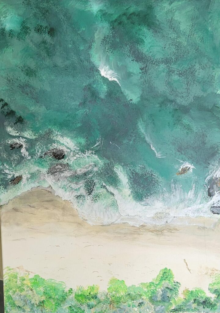Acrylic painting showing ocean currents flowing onto a sandy beach in Costa Rica.