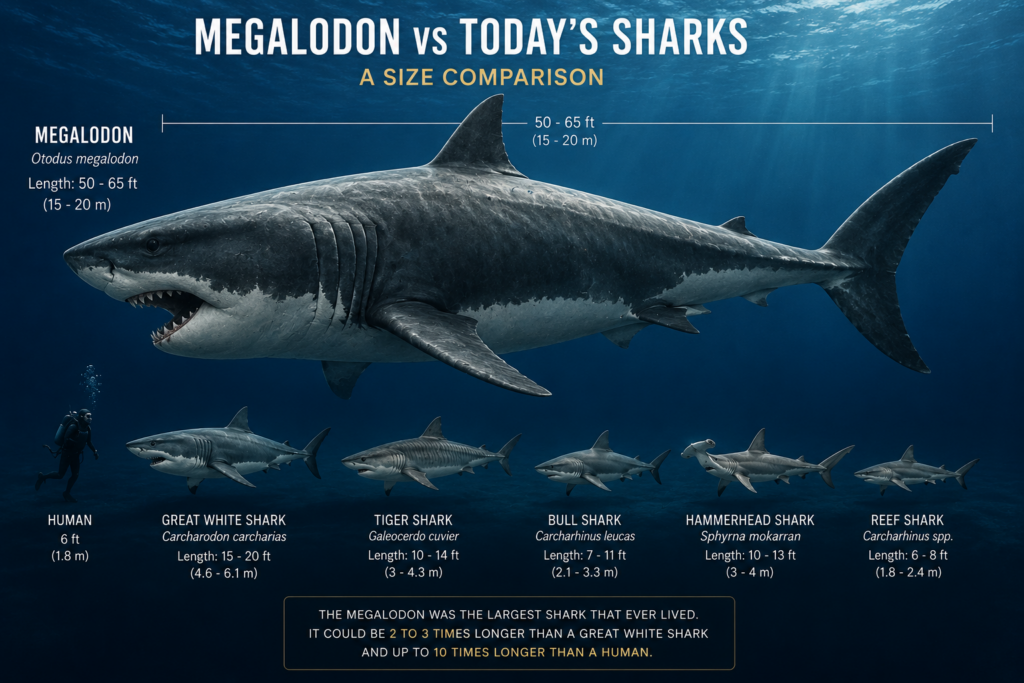 Illustration comparing the prehistoric Megalodon shark with a great white shark, whale shark, tiger shark, hammerhead shark, and human to show the enormous size difference.