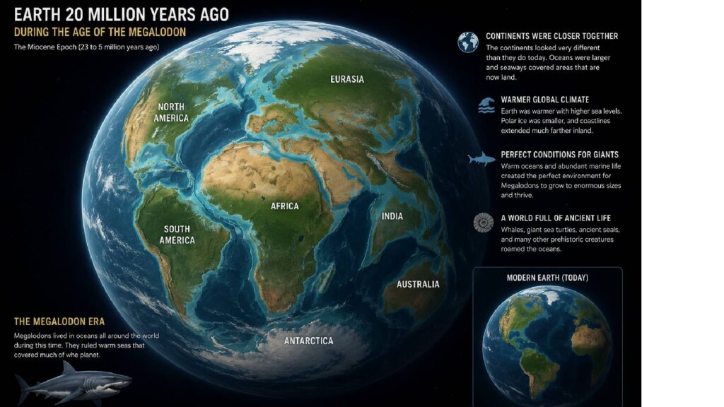 Map of Earth approximately 20 million years ago showing ancient continents, warm oceans, and the world during the time of the Megalodon shark.
