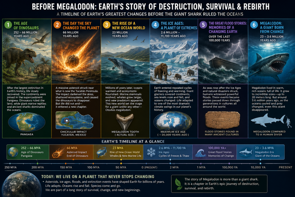 Illustrated timeline showing Earth's history from the extinction of the dinosaurs to the evolution of whales, the Megalodon shark, the Ice Ages, and modern humans.