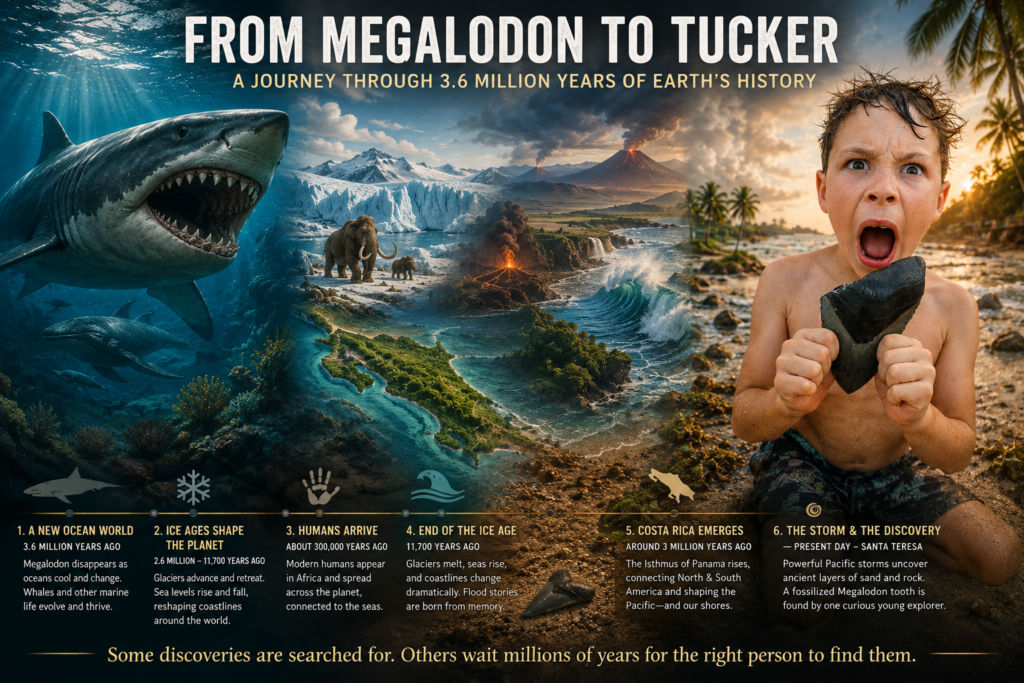 Timeline showing the extinction of the Megalodon, the formation of Costa Rica, the Ice Ages, powerful storms, coastal erosion, and the discovery of a fossilized Megalodon tooth on Santa Teresa Beach.